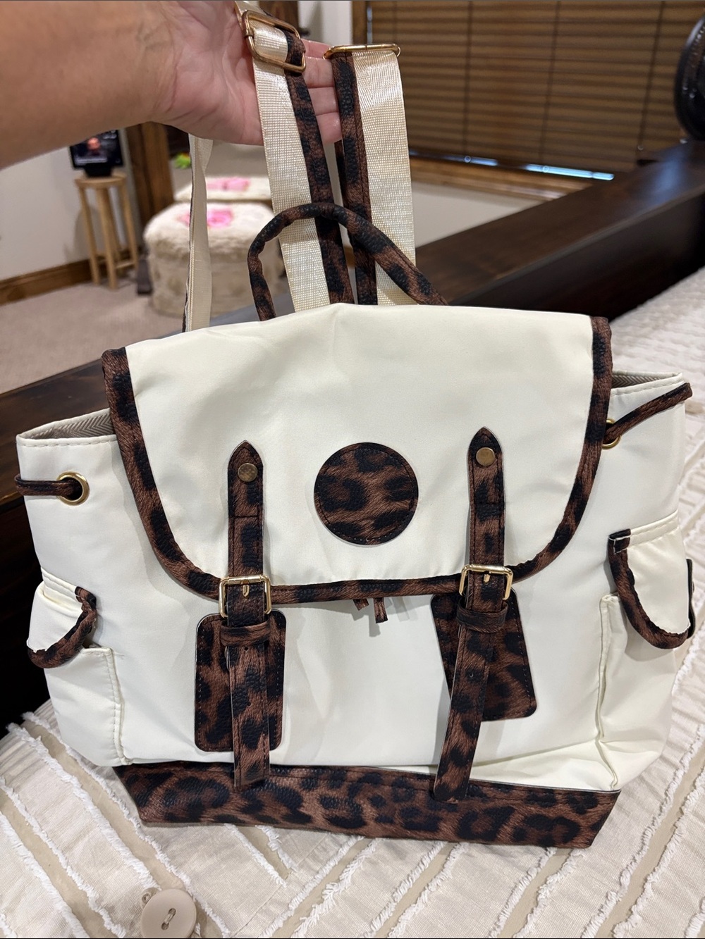Cream and Leopard Print Women’s Backpack Tote, never used